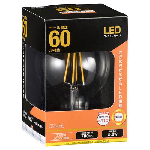 26 mm Cfl - OHM オーム電機　LEDフィラメントタイプ電球 ボール球形（60形相当/700lm/電球色/G95/E26/全方向配光310°） LDG5L C6