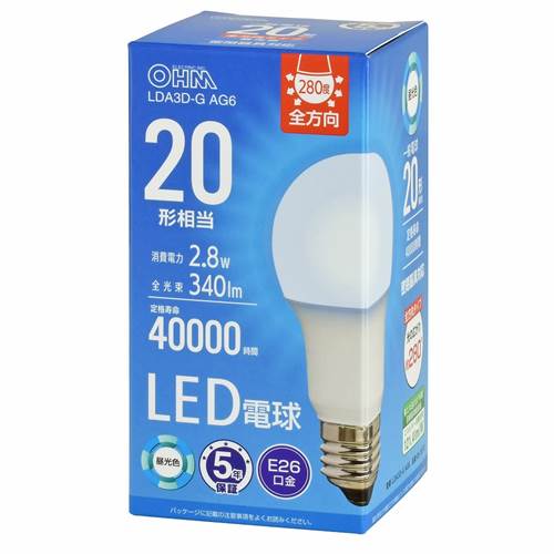 乐天商城 - OHM オーム電機　LED電球（20形相当/340lm/2.8W/昼光色/E26/全方向配光280°/密閉形器具対応） LDA3D-G AG6