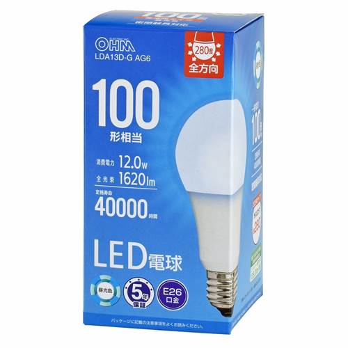 特　徴●一般電球100形相当の明るさ●配光角約280°全方向のタイプ●密閉器具対応●省エネ法2027年度目標基準達成●昼光色●口金はE26●LED5年保証仕　様■寸法：全長…118mm、最大径…60mm■質量：107g■定格消費電力：12.0W■定格入力電流：0.210A■全光束：1620 lm■エネルギー消費効率：135 lm/W■平均演色評価数：Ra84■定格寿命：40000h※屋内用（屋外使用禁止）※交流 100V 50/60Hz 共用【ご注意】※次のような器具には使用できません。・調光機能のついた器具（100%点灯でも使用不可）・誘導灯、非常用照明器具・HIDランプ器具、水銀灯器具・直流電源※このほか使用器具の種類によって寸法的、熱的、その他の状況（リモコン機器のついた器具など）により使用できない場合があります。※ご使用になられる照明器具の構造によっては、放熱不良で短寿命となることがあります。※密閉器具でのご使用の場合、器具の寸法により、使用できない場合や寿命が短くなる場合があります。※人感スイッチなど自動点滅装置や遅れ停止スイッチなどには使用できない場合があります。※交流100V、周波数50/60Hz以外の電源では使用しないでください。※ランプ周囲温度が40℃を超える場所では使用しないでください。※ラジオやテレビなどの音響および映像機器の近くで点灯すると、雑音が入ることがあります。（雑音が入るときは、ランプから1m以上離してご使用ください。）※赤外線リモコンを採用した機器（テレビやエアコンなど）の近くで点灯すると、機器が誤作動することがあります。※水洗いや分解・改造はしないでください。※点灯中のランプを長時間直視しないでください。目に悪影響を及ぼすおそれがあります。