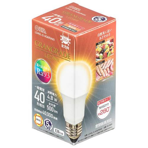 特　徴●彩りあざやかRa93「GRANGRADE」LED電球●自然光に近いあざやかさ●一般電球40形相当の明るさ●配光角約280°全方向のタイプ●密閉器具対応●電球色●口金はE26●LED5年保証対象商品仕　様■寸法：全長…107mm、最大径…55mm■質量：47g■定格消費電力：4.8W■定格入力電流：0.090A■全光束：500 lm■エネルギー消費効率：104.1 lm/W■平均演色評価数：Ra93■定格寿命：40000h※屋内用（屋外使用禁止）※交流 100V 50/60Hz 共用【ご注意】※次のような器具には使用できません。・調光機能のついた器具（100%点灯でも使用不可）・誘導灯、非常用照明器具・HIDランプ器具、水銀灯器具・直流電源※このほか使用器具の種類によって寸法的、熱的、その他の状況（リモコン機器のついた器具など）により使用できない場合があります。※ご使用になられる照明器具の構造によっては、放熱不良で短寿命となることがあります。※密閉器具でのご使用の場合、器具の寸法により、使用できない場合や寿命が短くなる場合があります。※人感スイッチなど自動点滅装置や遅れ停止スイッチなどには使用できない場合があります。※交流100V、周波数50/60Hz以外の電源では使用しないでください。※ランプ周囲温度が40℃を超える場所では使用しないでください。