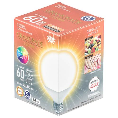 特　徴●彩りあざやかRa93「GRANGRADE」LED電球●自然光に近いあざやかさ●ボール電球60形相当の明るさ●配光角約230°●密閉器具対応●電球色●口金はE26●LED5年保証対象商品仕　様■寸法：全長…126mm、最大径…95mm■質量：80g■定格消費電力：7.8W■定格入力電流：0.130A■全光束：810 lm■エネルギー消費効率：103.8 lm/W■平均演色評価数：Ra93■定格寿命：40000h※屋内用（屋外使用禁止）※交流 100V 50/60Hz 共用【ご注意】※次のような器具には使用できません。・調光機能のついた器具（100%点灯でも使用不可）・誘導灯、非常用照明器具・HIDランプ器具、水銀灯器具・直流電源※このほか使用器具の種類によって寸法的、熱的、その他の状況（リモコン機器のついた器具など）により使用できない場合があります。※ご使用になられる照明器具の構造によっては、放熱不良で短寿命となることがあります。※密閉器具でのご使用の場合、器具の寸法により、使用できない場合や寿命が短くなる場合があります。※人感スイッチなど自動点滅装置や遅れ停止スイッチなどには使用できない場合があります。※交流100V、周波数50/60Hz以外の電源では使用しないでください。※ランプ周囲温度が40℃を超える場所では使用しないでください。