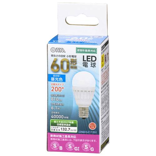 OHM オーム電機　LED電球 小形（60形相当/810lm/昼光色/E17/広配光200°/密閉器具対...