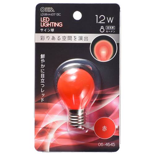 特　徴●LED電球 サイン球形 装飾用●鮮やかに目立つレッド●切れにくく長寿命●消費電力が少なく、電気代が安い●一般電球と比べ発熱が少ない●赤色 クリア●口金はE17仕　様■寸法：全長57×最大径35mm■質量：14g■定格消費電力：1.2W■定格電流：13mA■全光束：8 lm■定格寿命：30000h■形状：S35※室内専用（屋外使用禁止）※100V 50/60Hz※次のような器具には使用できません。・調光機能のついた器具（100%点灯でも使用不可）・誘導灯、非常用照明器具・水銀灯器具など・断熱材施工器具（SB、SGl、SG形表示器具など）・直流電源・一般照明用※このほか使用器具の種類によって寸法的、熱的、その他の状況（リモコン機器のついた器具など）により使用できない場合があリます※また、人感スイッチなど自動点灯装置、遅れスイッチや表示付きスイッチなどに使うと正常な作動ができない場合があります