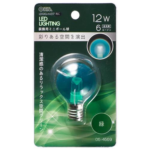 特　徴●LED電球 ミニボール球形 装飾用●清潔感のあるリラックス空間グリーン●切れにくく長寿命●消費電力が少なく、電気代が安い●一般電球と比べ発熱が少ない●緑色 クリア●口金はE17仕　様■寸法：全長59×最大径40mm■質量：14g■定格消費電力：1.2W■定格電流：13mA■全光束：6 lm■定格寿命：30000h■形状：G40※室内専用（屋外使用禁止）※100V 50/60Hz※次のような器具には使用できません。・調光機能のついた器具（100%点灯でも使用不可）・誘導灯、非常用照明器具・水銀灯器具など・断熱材施工器具（SB、SGl、SG形表示器具など）・直流電源・一般照明用※このほか使用器具の種類によって寸法的、熱的、その他の状況（リモコン機器のついた器具など）により使用できない場合があリます※また、人感スイッチなど自動点灯装置、遅れスイッチや表示付きスイッチなどに使うと正常な作動ができない場合があります