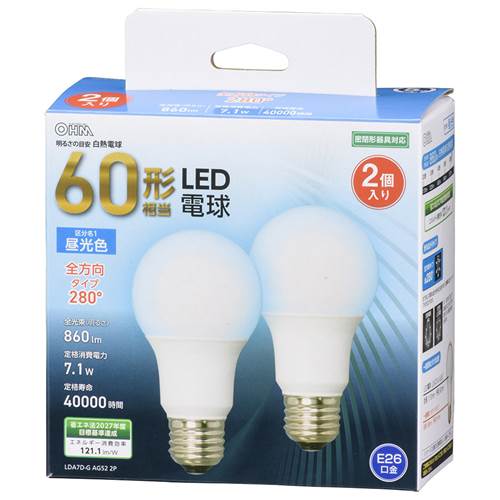 特　徴●全光束860ルーメン、白熱電球60形相当の明るさ●光の広がり約280°の全方向タイプ●密閉形器具対応●省エネ法2027年度目標基準達成●昼光色●口金はE26●LED5年保証対象商品●2個入り仕　様■寸法：全長…110mm、最大径…60mm■質量：48g■定格消費電力：7.1W■定格入力電流：130mA■全光束：860 lm■エネルギー消費効率：121.1 lm/W■平均演色評価数：Ra83■定格寿命：40000h※推奨使用器具：ダウンライト、スポットライト、シーリング、ペンダント、シャンデリア、スタンド、ブラケット※屋内用（屋外使用禁止）※交流電源 100V 50/60Hz 共用【ご注意】※次のような器具には使用できません。・調光機能のついた器具（100%点灯でも使用不可）・誘導灯、非常用照明器具・水銀灯器具など・断熱材施工器具（SB・SGI・SG形表示器具など）・ランプと反射板の距離が狭い器具・直流電流※このほか使用器具の種類によって寸法的、熱的、その他の状況（リモコン機器のついた器具など）により使用できない場合があります。※ご使用になられる照明器具の構造によっては、放熱不良で短寿命となることがあります。※密閉器具でのご使用の場合、器具の寸法の大きさにより、使用できない場合や寿命が短くなる場合があります。