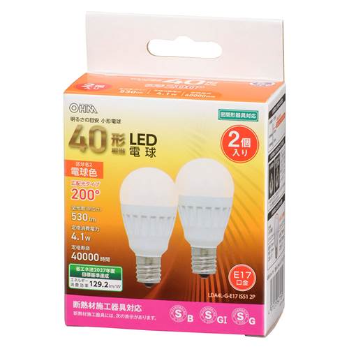 Led Bulb - OHM オーム電機　LED電球 小形（40形相当/530 lm/電球色/E17/広配光200°/密閉器具対応/断熱材施工器具対応/2個入） LDA4L-G-E17 IS51 2P