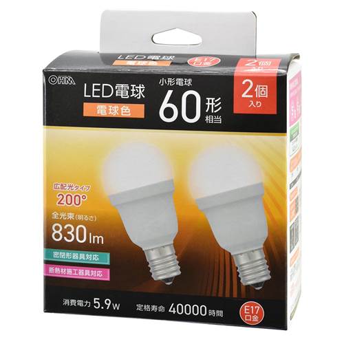 特　徴●全光束830ルーメン、小形電球60形相当の明るさ●光の広がり約200°の広配光タイプ●密閉形器具対応●断熱材施工器具対応●省エネ法2027年度目標基準達成●E17口金●電球色●5年保証対象商品●2個入り仕　様■屋内用（屋外使用禁止）交流電源100V 50/60Hz共用■寸法：全長…78mm、最大径38mm■質量：46g■定格消費電力：5.9W■全光束：830 lm■エネルギー消費効率：140.6 lm/W■平均演色評価数：Ra83■定格寿命：40000h【ご注意】※次のような器具には使用できません。・調光機能のついた器具（100%点灯でも使用不可）・誘導灯、非常用照明器具・HIDランプ器具、水銀灯器具・直流電源※このほか使用器具の種類によって寸法的、熱的、その他の状況（リモコン機器のついた器具など）により使用できない場合があります。※ご使用になられる照明器具の構造によっては、放熱不良で短寿命となることがあります。※密閉器具でのご使用の場合、器具の寸法により、使用できない場合や寿命が短くなる場合があります。