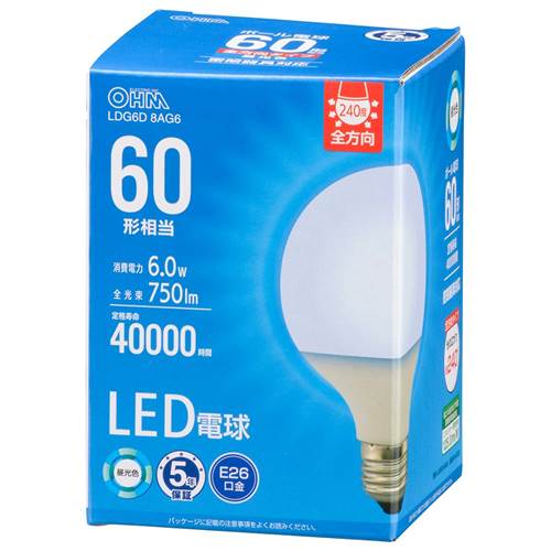 26 mm Cfl - OHM オーム電機　LED電球 ボール球形（60形相当/750 lm/6.0W/昼光色/E26/全方向配光240°/密閉形器具対応） LDG6D 8AG6
