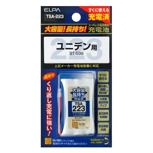 電話子機用ニッケル水素互換バッテリー。 選ぶなら通話時間が延びる大容量充電池！ 【製品の特徴】 ●すぐに使える充電済 ●自己放電を抑制 ●安全装置内蔵 【仕様】 サイズ（約）：H130×W65×D20mm 重量（約）：35g 電圧・容量：3.6V 900mAh 規格：ニッケル水素充電池（Ni-MH） 適合機種：ユニデン BT-598、日立 HTE-BT01 同等品 旧型番（スタンダードタイプ含）：THB-223 本体型番（一部）：UCT-002 発売元：朝日電器株式会社（製品お問い合わせTEL：042-473-0159） タグ：TSA223 BT598 大容量長持ち充電池 コードレス電話機用電池 電話子機用充電池 子機用バッテリー 子機用充電池 子機用電池 コードレスホン 互換バッテリー デジタルコードレス電話専用バッテリー 互換充電池 電話機用ニッケル水素充電池 コードレス子機