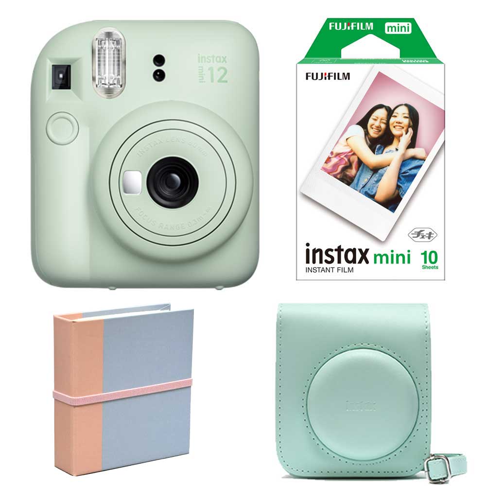 (4点セットB)富士フイルム インスタントカメラ チェキ instax mini 12 グリーン フィルム アルバム 専用ケース付き！
