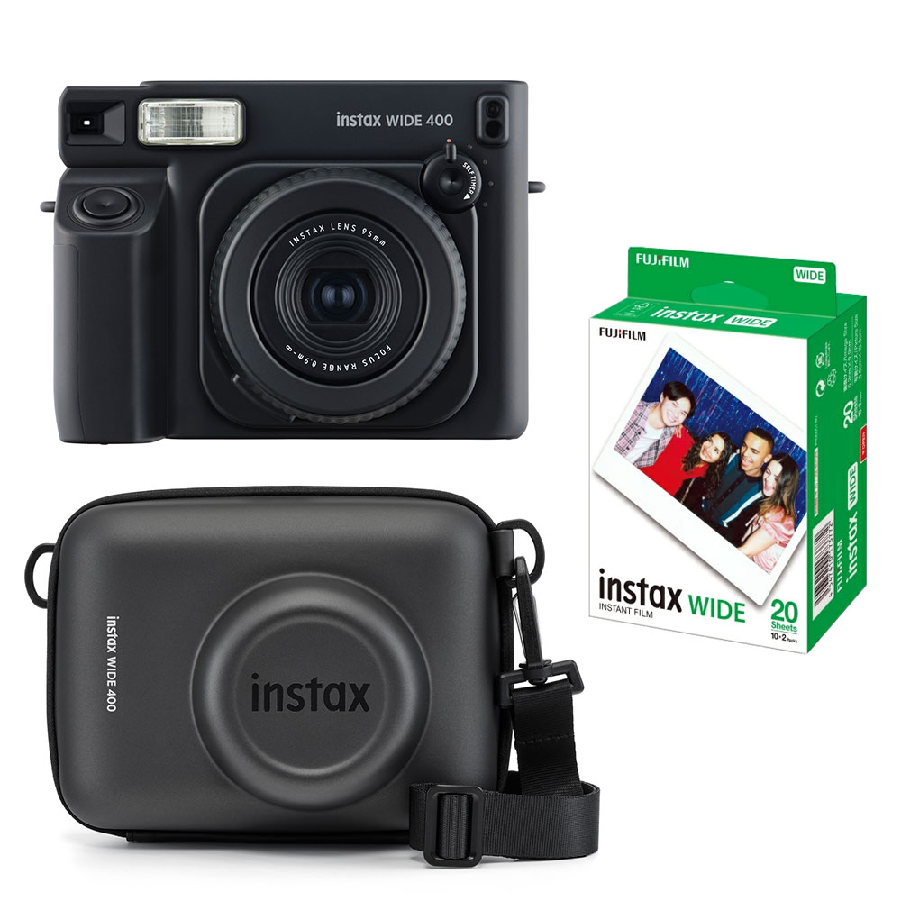instax WIDE 400セット内容 instax WIDE 400 専用ケース付き！ ワイド用フィルム20枚　1パック 本体　JANコード 4547410570632 富士フイルム　インスタックスワイド400BLK仕様 本体コード　4547410570632 使用フィルム：富士フイルム インスタントカラーフィルム instax WIDE 写真画面サイズ：62mm×99mm レンズ：沈胴式レンズ　2群2枚構成　f=95mm　1:14 ファインダー：実像式ファインダー 0.37倍／ターゲットマーク付き 撮影範囲：手動2点切り替え式（0.9m〜3m/3m〜∞）標準モード（0.9m〜3m）遠景モード（3m〜∞） シャッター：プログラム式電子シャッター　1/64〜1/200秒 露光調節：自動調節 連動範囲：LV10.5〜15（ISO800) フィルム送り出し：電動式 フィルム現像時間：約90秒（現像時間は気温によって変動します。） フラッシュ：低輝度自動発光オートフラッシュ（自動調光） 充電時間：7秒以下（新品電池使用時） フラッシュ撮影距離0.9m〜3m 電源：単3形アルカリ電池（LR6）1.5V　4本 撮影可能枚数：約10パック（メーカー試験条件による） * 付属の電池はお試し用の電池となります。電池切れの場合は、新しいアルカリ電池に交換してください。アルカリ電池の性能は、銘柄によって異なります。 * マンガン電池は使用できません。 オートパワーオフ時間：5分間 その他：フィルムカウンター／フィルム確認窓付 三脚穴（三脚は別売り） 大きさ：162mm×98mm×123mm 質量：616g（電池、ストラップ、フィルム、接写レンズ別）同梱品：ショルダーストラップ / カメラ角度調整アクセサリー / 接写レンズ / 単3形アルカリ電池（LR6）4本 / 使用説明書 / 保証書■セルフタイマー■ ワクワク感高まるゼンマイ音が魅力のセルフタイマー機能を搭載。 レバーを押すだけの簡単操作で4秒〜10秒の4段階に設定可能。 アナログ操作でタイマーの再設定もキャンセルも簡単。 ■カメラ角度調整アクセサリー■ ストラップに付属するアタッチメントの使用で、本体の角度調整が簡単。 セルフタイマーとの組み合わせで、三脚がない場合でもグループ写真がおもい通りに撮影可能。 ■接写レンズ■ 遠景モードにすれば、3.0m〜∞まで思い通りに撮影可能。 付属の接写レンズを使えば、撮影領域40cm〜50cmの被写体をピンボケ、ブレなく撮影可能。