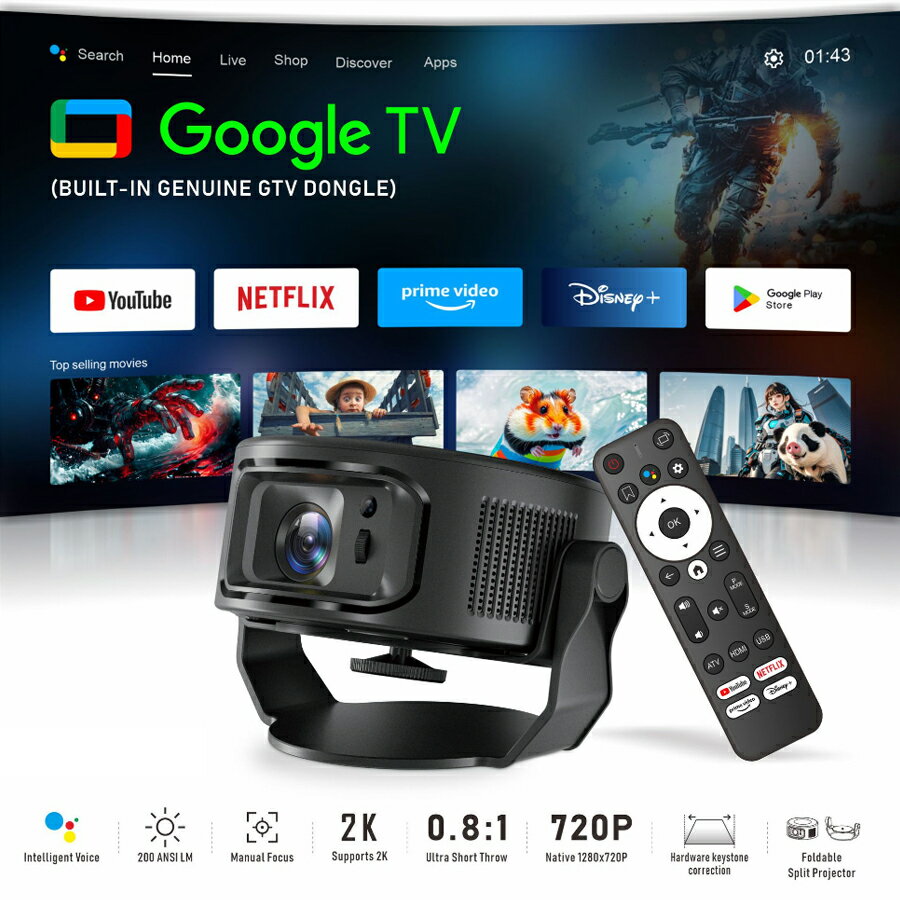プロジェクター 家庭用 小型 ポータブルプロジェクター 天井投影 1080P 0.5M短距離投影 WiFi6 Bluetooth5.4 スマホ iPhone/Android対応 Netflix YouTube PrimeVideo ホームシアター ホームプロジェクター 寝室 一人暮らし プレゼント