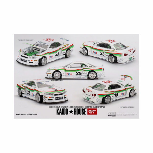 MINI-GT 1/64 Nissan スカイライン GT-R R34 TAMIYA × KAIDO HOUSE “グラスホッパー” V1 (右ハンドル) ミニカー KHMG167 （ZM144464）