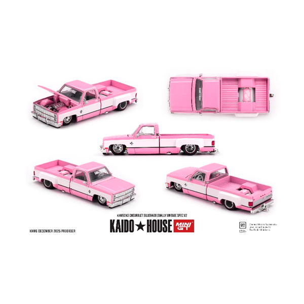発売予定日2026年6月予定メーカーMINI-GT登場作品---商品詳細日系アメリカ人カスタムカー・デザイナー、JUN IMAI(ジュン・イマイ)がプロデュースする人気シリーズ「KAIDO HOUSE×MINI GT」から、1/64スケールの新作のご案内です！「シボレー シルバラード」のバリエーションが登場。ボディカラーはペールピンクメタリックです。原型製作---サイズ1/64スケール商品仕様ダイキャスト製 塗装済み完成品 ミニカーパッケージ---備考※こちらの商品にはチェイスカーがありますが、外箱(パッケージ)は通常品と同様の為、封を開けるまで通常品かチェイスカーかは分かりません。お買い上げの商品がチェイスカーとなる可能性があることをご了承いただいた上で、ご注文くださいますようお願い申し上げます。※商品の画像は試作品、実機・実車、イメージCGなどを内容の補助的説明として掲載いたしておりますので、実際の商品と異なる場合が御座います。個数制限お1人様2個まで■ ご予約商品全般に関するご注意当店では十分な数量を発注したうえでご予約を承っておりますが、生産上の都合などにより、入荷直前で数量を調整されてしまう場合が稀に御座います。その場合メールでご連絡のうえ、原則ご注文先着順でのご提供となります。また、複数個のご注文を減数させて頂いたり、ご注文自体を取り消しとさせて頂く場合が御座います。予めご了承頂けますようお願い致します。※2019年4月1日より、ご予約商品はお支払い方法に関わらず単体のみでの受付となります。上記日時以降にご予約商品を複数同時にご注文された場合、自動的にキャンセル処理が行われますのでご注意下さい。2019年3月31日以前にご注文の場合、同梱・分割につきましては以下からご確認下さい。ご注文管理システム概要※商品の大幅な延期についてメーカーの都合により発売の大幅な遅れが発生する可能性がございます。発売延期発生から1年以上情報が途絶えたものは、当店の判断で受注を一旦白紙とさせて頂く場合が御座います。正確な情報が入り次第、改めて受注を取り直し致します。また、2019年4月1日より、注文日より1年以上経過したご注文は、システム上強制キャンセルされることとなりました。予めご了承下さい。※ご予約商品のキャンセルについてご注文のキャンセルは発売延期時等も含み原則不可となりますので、十分ご検討の上お申し込み下さい。代金引換発送後の受け取り拒否などは、往復分の送料等諸経費をご請求させて頂きます。尚、複数個（2個以上）のご注文、海外メーカーの商品、1万円を超える高額商品のご注文はキャンセルを一切承る事が出来ませんので、十分ご検討のうえご注文下さい。また、キャンセル履歴のある方のご注文は、当店の判断でご注文をお断りさせて頂く場合が御座いますので予めご了承下さい。※商品の発送時期について◎ ご予約商品は入荷翌営業日より発送されます。営業日に付きましては、トップページのカレンダーをご確認下さい。入荷日が週末にあたる場合は、翌週の発送になります。お急ぎの発送に対応出来ない場合が御座いますので予めご了承下さい。※長期のお取り置きはしておりません。※当社が運営する他店舗でのご注文とはおまとめが出来ません。※お引越しや長期出張の際は事前にメールでご連絡下さい。※ラッピングサービス、海外発送は行っておりませんので予めご了承下さい。JAN CODE：0840456386897