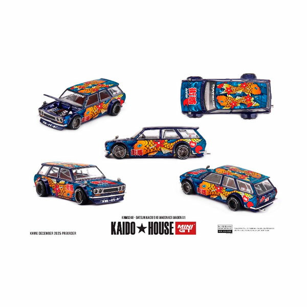 発売予定日2026年6月予定メーカーMINI-GT登場作品---商品詳細日系アメリカ人カスタムカー・デザイナー、JUN IMAI(ジュン・イマイ)がプロデュースする人気シリーズ「KAIDO HOUSE×MINI GT」から、1/64スケールの新作のご案内です！「ダットサン KAIDO 510 ワゴン」より、Roman Cortezがデザインした鯉のグラフィックがポイントの鯉ワゴンがラインナップ。原型製作---サイズ1/64スケール商品仕様ダイキャスト製 塗装済み完成品 ミニカーパッケージ---備考※こちらの商品にはチェイスカーがありますが、外箱(パッケージ)は通常品と同様の為、封を開けるまで通常品かチェイスカーかは分かりません。お買い上げの商品がチェイスカーとなる可能性があることをご了承いただいた上で、ご注文くださいますようお願い申し上げます。※商品の画像は試作品、実機・実車、イメージCGなどを内容の補助的説明として掲載いたしておりますので、実際の商品と異なる場合が御座います。個数制限お1人様2個まで■ ご予約商品全般に関するご注意当店では十分な数量を発注したうえでご予約を承っておりますが、生産上の都合などにより、入荷直前で数量を調整されてしまう場合が稀に御座います。その場合メールでご連絡のうえ、原則ご注文先着順でのご提供となります。また、複数個のご注文を減数させて頂いたり、ご注文自体を取り消しとさせて頂く場合が御座います。予めご了承頂けますようお願い致します。※2019年4月1日より、ご予約商品はお支払い方法に関わらず単体のみでの受付となります。上記日時以降にご予約商品を複数同時にご注文された場合、自動的にキャンセル処理が行われますのでご注意下さい。2019年3月31日以前にご注文の場合、同梱・分割につきましては以下からご確認下さい。ご注文管理システム概要※商品の大幅な延期についてメーカーの都合により発売の大幅な遅れが発生する可能性がございます。発売延期発生から1年以上情報が途絶えたものは、当店の判断で受注を一旦白紙とさせて頂く場合が御座います。正確な情報が入り次第、改めて受注を取り直し致します。また、2019年4月1日より、注文日より1年以上経過したご注文は、システム上強制キャンセルされることとなりました。予めご了承下さい。※ご予約商品のキャンセルについてご注文のキャンセルは発売延期時等も含み原則不可となりますので、十分ご検討の上お申し込み下さい。代金引換発送後の受け取り拒否などは、往復分の送料等諸経費をご請求させて頂きます。尚、複数個（2個以上）のご注文、海外メーカーの商品、1万円を超える高額商品のご注文はキャンセルを一切承る事が出来ませんので、十分ご検討のうえご注文下さい。また、キャンセル履歴のある方のご注文は、当店の判断でご注文をお断りさせて頂く場合が御座いますので予めご了承下さい。※商品の発送時期について◎ ご予約商品は入荷翌営業日より発送されます。営業日に付きましては、トップページのカレンダーをご確認下さい。入荷日が週末にあたる場合は、翌週の発送になります。お急ぎの発送に対応出来ない場合が御座いますので予めご了承下さい。※長期のお取り置きはしておりません。※当社が運営する他店舗でのご注文とはおまとめが出来ません。※お引越しや長期出張の際は事前にメールでご連絡下さい。※ラッピングサービス、海外発送は行っておりませんので予めご了承下さい。JAN CODE：0840456386934
