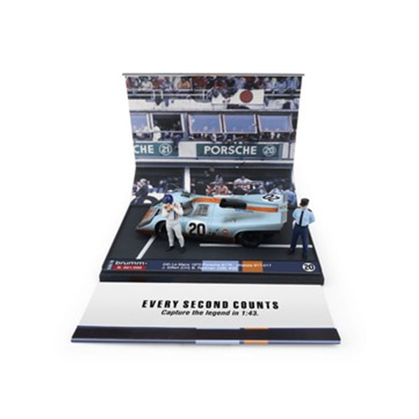 発売予定日入荷日未定メーカーBrumm(ブルム)登場作品---商品詳細Brumm(ブルム)より1/43スケールで“ガルフカラー”のポルシェ 917Kが登場します！ポルシェが総合初優勝を飾った1970年のル・マン24時間から、スクーデリア JWA-Gulf ＃20がジオラマのように飾れるケース/フィギュア2体とセットで登場！原型製作---サイズ1/43スケール商品仕様ダイキャスト製 塗装済み完成品 ミニカーパッケージ---備考2026年7月発売予定ですが、発売が大幅に変更となる可能性があるため、入荷日未定とさせていただいております。※商品の画像は試作品、実機・実車、イメージCGなどを内容の補助的説明として掲載いたしておりますので、実際の商品と異なる場合が御座います。※こちらの商品は送料無料とさせて頂きます。個数制限お1人様(1世帯)に付き1個まで■ ご予約商品全般に関するご注意当店では十分な数量を発注したうえでご予約を承っておりますが、生産上の都合などにより、入荷直前で数量を調整されてしまう場合が稀に御座います。その場合メールでご連絡のうえ、原則ご注文先着順でのご提供となります。また、複数個のご注文を減数させて頂いたり、ご注文自体を取り消しとさせて頂く場合が御座います。予めご了承頂けますようお願い致します。※2019年4月1日より、ご予約商品はお支払い方法に関わらず単体のみでの受付となります。上記日時以降にご予約商品を複数同時にご注文された場合、自動的にキャンセル処理が行われますのでご注意下さい。2019年3月31日以前にご注文の場合、同梱・分割につきましては以下からご確認下さい。ご注文管理システム概要※商品の大幅な延期についてメーカーの都合により発売の大幅な遅れが発生する可能性がございます。発売延期発生から1年以上情報が途絶えたものは、当店の判断で受注を一旦白紙とさせて頂く場合が御座います。正確な情報が入り次第、改めて受注を取り直し致します。また、2019年4月1日より、注文日より1年以上経過したご注文は、システム上強制キャンセルされることとなりました。予めご了承下さい。※ご予約商品のキャンセルについてご注文のキャンセルは発売延期時等も含み原則不可となりますので、十分ご検討の上お申し込み下さい。代金引換発送後の受け取り拒否などは、往復分の送料等諸経費をご請求させて頂きます。尚、複数個（2個以上）のご注文、海外メーカーの商品、1万円を超える高額商品のご注文はキャンセルを一切承る事が出来ませんので、十分ご検討のうえご注文下さい。また、キャンセル履歴のある方のご注文は、当店の判断でご注文をお断りさせて頂く場合が御座いますので予めご了承下さい。※商品の発送時期について◎ ご予約商品は入荷翌営業日より発送されます。営業日に付きましては、トップページのカレンダーをご確認下さい。入荷日が週末にあたる場合は、翌週の発送になります。お急ぎの発送に対応出来ない場合が御座いますので予めご了承下さい。※長期のお取り置きはしておりません。※当社が運営する他店舗でのご注文とはおまとめが出来ません。※お引越しや長期出張の際は事前にメールでご連絡下さい。※ラッピングサービス、海外発送は行っておりませんので予めご了承下さい。JAN CODE：8020677027782
