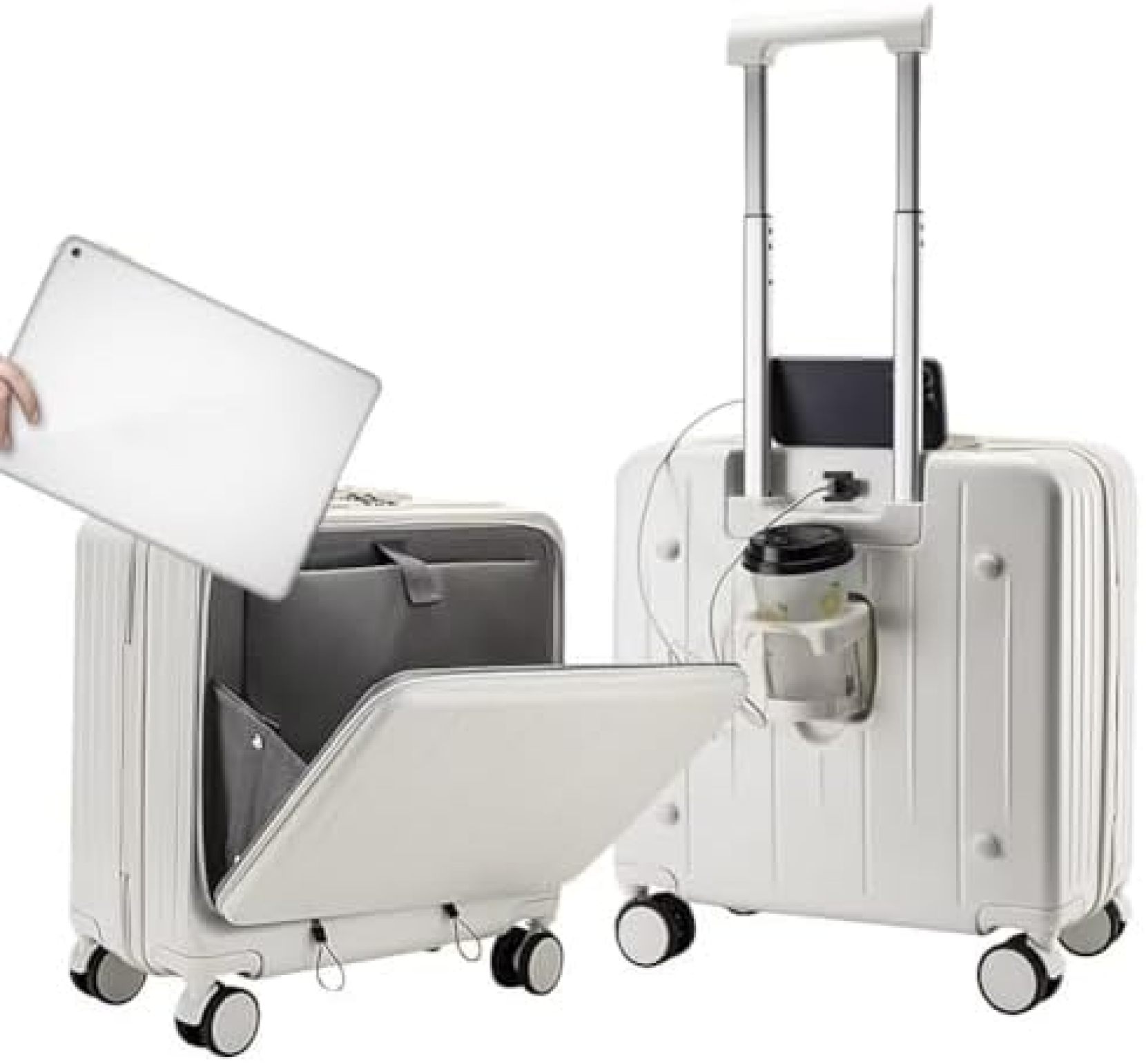 　　　 ◆◇◆売れている秘密◆◇◆ 飛行機の中でも便利に使える三層複合構造のスーツケース！軽量かつ頑丈で耐衝撃性抜群！ ビジネスシーンでも活躍するフロントオープン設計！モバイル電源やiPadを簡単に取り出せます。 usbポートやカップホルダー付きで移動中も充電ラクラク！折りたたみ傘も収納可能！ 360°自由自在に回転する静音キャスターでスムーズな移動体験！夜中でも周りを気にせず利用できます。 大容量でたっぷり収納！3つの収納スペースがあり、抗菌素材を使用してウェットとドライを分けられます。 　　　◆◇◆注意事項◆◇◆ご覧のモニターの環境、撮影環境により実物と色味が異なって見える場合がございます。湿った状態で他のものと擦り合わせると色が移る恐れがあります。濃色品の洗濯時は、白色、淡色と分けて洗ってください。説明 「静音ダブルキャスター付き 耐衝撃 キャリーバッグ - USBポート付きフロントオープン スーツケース - 1泊2日から2泊3日まで対応 - 360度回転可能 - 折り畳み式カップホルダー搭載 - 子供から大人まで幅広く活躍する多目的キャリーケース」 新しいスーツケースは、三層複合構造で、機内持ち込み可能。ABS樹脂とPCを組み合わせた高品質素材は軽量かつ耐久性に優れ、200gの耐荷重を誇ります。 フロントオープン設計で、旅の途中でも簡単に必要なものを取り出せる便利さ。デジタル製品を収納するフロントポケットはスポンジ層で保護されており、ビジネスシーンでも活躍します。 usbポートとカップホルダー付きで、モバイルバッテリーを接続して充電が可能。防水仕様で、折り畳みカップホルダーも付属しており、旅行中も快適にお飲み物を楽しめます。 360°自由自在に回転する静音キャスターで、滑らかな移動が可能。騒音を気にせず、夜中や住宅街でもストレスなく移動できます。 大容量のスーツケースには、3つのゾーン分けされた収納スペースがあり、抗菌素材を使用。ウェットとドライを分けて収納でき、収納力も抜群です。