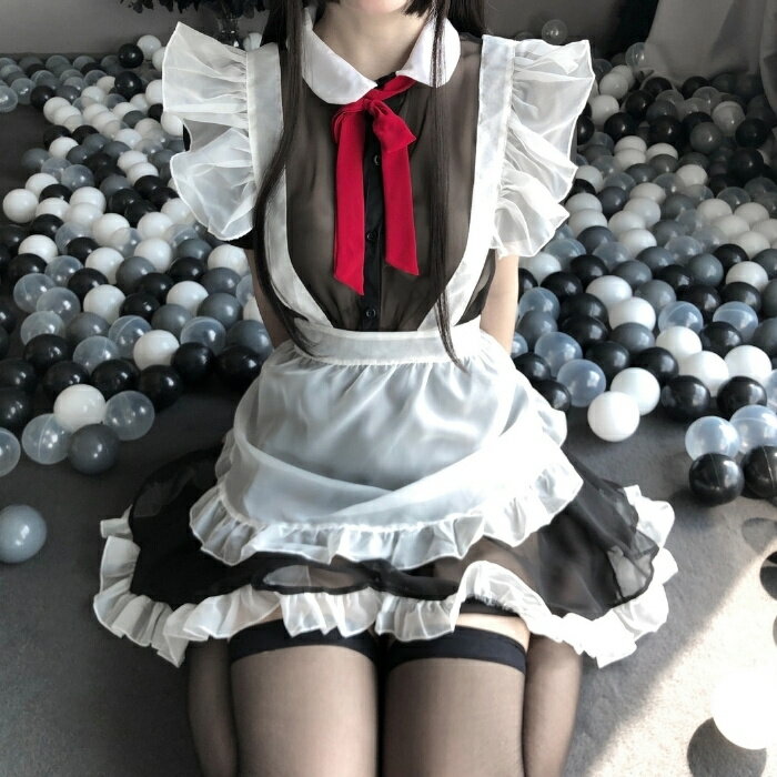 メイド服 コスプレ シースルー 黒 ブラック セクシー メイド 制服 スケスケ 半袖 フリフリ ミニ丈 ワンピース ネクタイ クラシック エプロン ハロウィン 可愛い フリル フリーサイズ ストッキング フルセット セット コスチューム 衣装 メール便送料無料