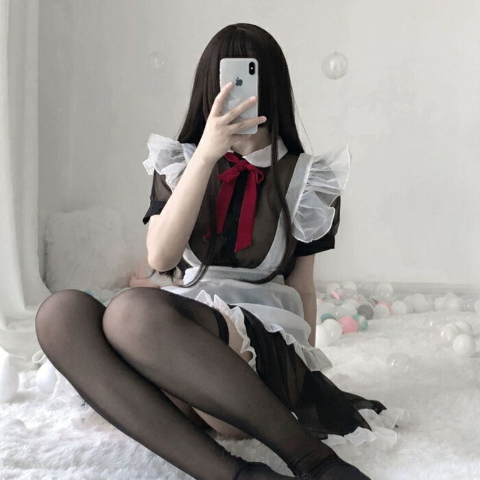 メイド服 コスプレ シースルー 黒 ブラック セクシー メイド 制服 スケスケ 半袖 フリフリ ワンピース ネクタイ クラシック エプロン ハロウィン フリル フリーサイズ ギフト ストッキング 靴下 ソックス フルセット セット コスチューム 衣装 メール便送料無料