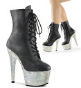 Pleaser プリーザー ショートブーツ 厚底 黒 ブラック 合皮 銀色 シルバー 18cm ヒール レディース メンズ ピンヒール ハイヒール ラインストー...
