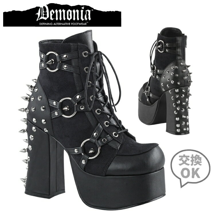 demonia デモニア 厚底 ブーツ ショートブーツ 厚底 11.5cm ヒール 黒 ブラック 合皮 メタルリング スタッズ レースアップ ジッパー 小さいサイズ 大きいサイズ チャンキーヒール 厚底靴 ロック パンク ゴスロリ 靴 レディース メンズ CHARADE-100 CHA100/BVL-SUE 取寄