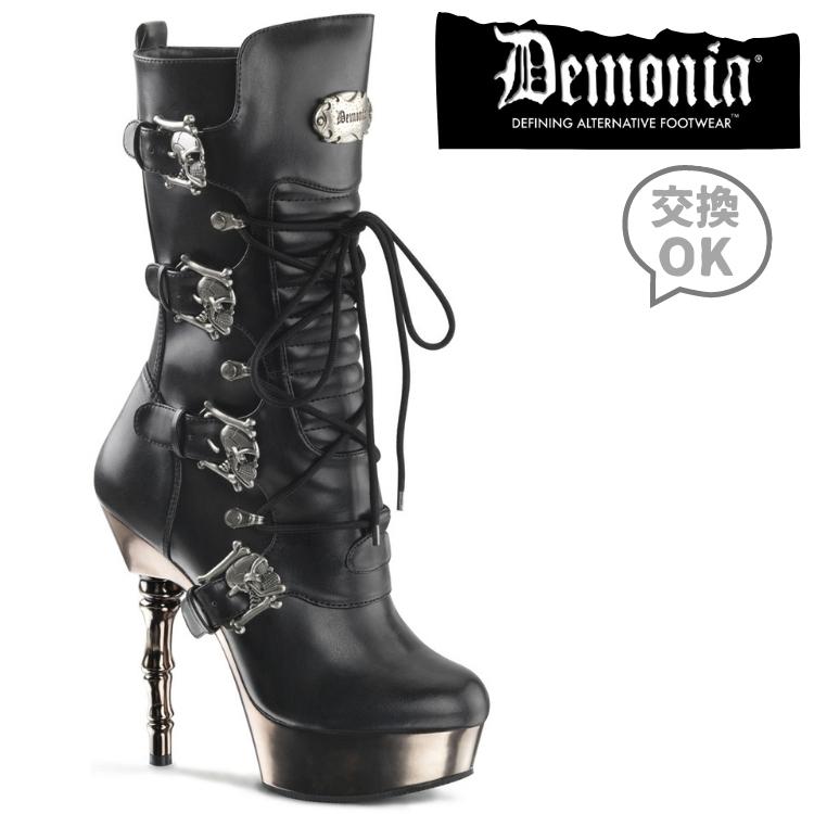 demonia デモニア 厚底 ブーツ ミドルブーツ ショートブーツ 厚底 14cm ヒール 黒 ブラック 合皮 メタル ピンヒール ハイヒール スカル バックル ベルト 編み上げ ジッパー 小さいサイズ 大き…