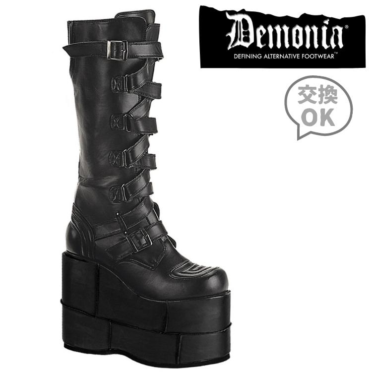 demonia デモニア 厚底 ブーツ ロング ロングブーツ 厚底ブーツ ウェッジソール 18cm ヒール 黒 ブラック 合皮 フェイクレザー ジグザグベルト ジッパー 小さいサイズ 大きいサイズ 厚底靴 ロ…