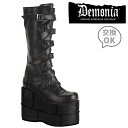 demonia デモニア 厚底 ブーツ ロング ロングブーツ 厚底ブーツ ウェッジソール 18cm ヒール 黒 ブラック 合皮 フェイクレザー ジグザグベルト ジッパー 小さいサイズ 大きいサイズ 厚底靴 ロック V系 ゴシック ファッション コスプレ 靴 メンズ STACK-308 STA308/B/PU 取寄