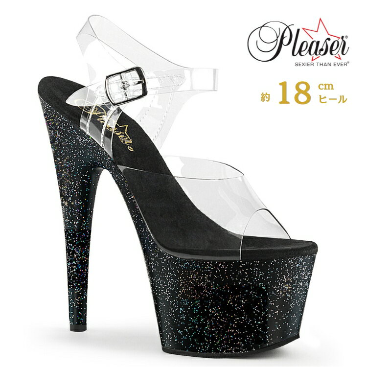 乐天商城 - Pleaser プリーザー サンダル 厚底 18cm ヒール 透明 クリア 黒 ブラック グリッター アンクルストラップ 大きいサイズ 小さいサイズ ハイヒール ピンヒール ドレス ポールダンス 衣装 靴 シューズ レディース メンズ ADORE-708MG ADO708MG/C/B 取寄