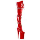 Pleaser プリーザー ニーハイブーツ サイハイブーツ 25.5cm ヒール オーバーニーブーツ ハイヒール ピンヒール エナメル 赤 レッド 厚底 超厚底 編み上げ レースアップ 3段バックル ベルト 大きいサイズ セクシー ポールダンス BEYOND-3028 BEY3028/R/M 取寄