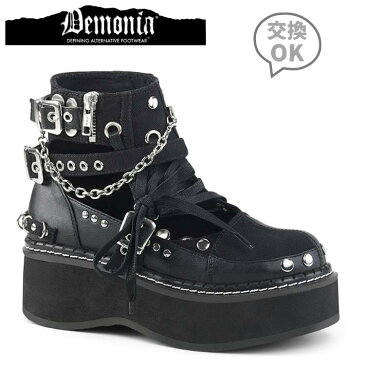 取寄せ靴 DEMONIA デモニア ショートブーツ 約5cm ストーム 厚底ブーツ ラウンドトゥ 編み上げ 装飾 ベルト メタル チェーン スタッズ ジップ 黒 ブラック キャンバス 大きいサイズあり 23 23.5 24 24.5 25 25.5 26 26.5 27 27.5 28 28.5 29cm センチ