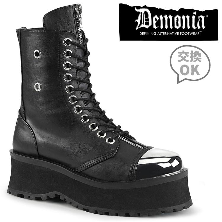 demonia デモニア 厚底 ブーツ ショートブーツ 厚底 ラバーソール 7cm ヒール 黒 ブラック 合皮 クロム メタル トゥキャップ 編み上げ ジッパー 小さいサイズ 大きいサイズ 厚底靴 アンクルブーツ ロック パンク V系 ゴシック 靴 メンズ GRAVEDIGGER-10 GRAD10/BVL 取寄