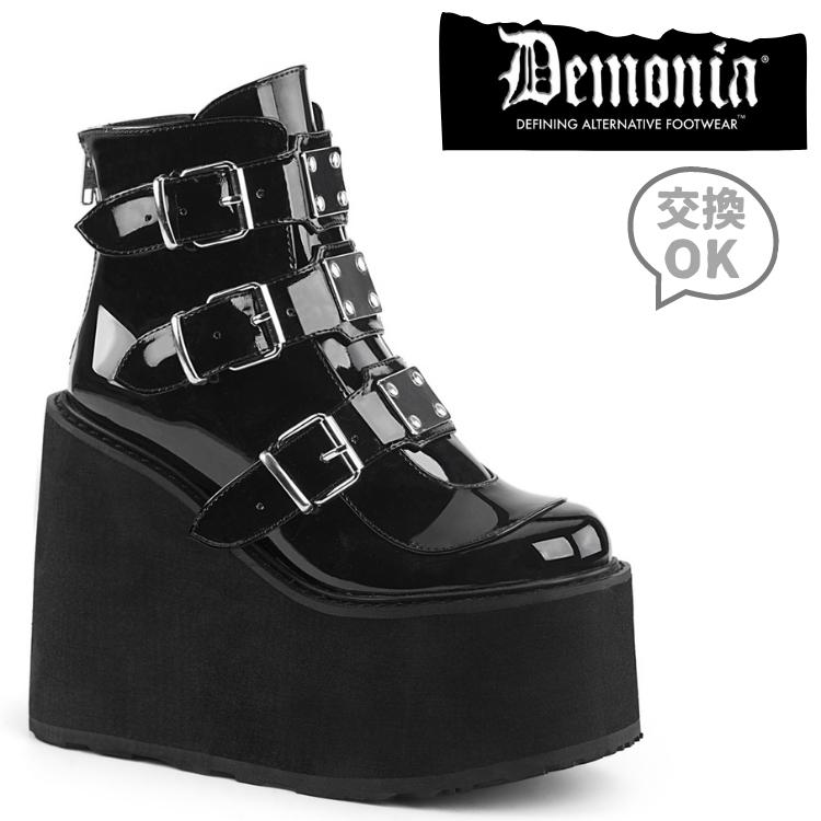 demonia デモニア 厚底 ブーツ ショートブーツ 厚底 ウェッジソール 14cm ヒール 黒 ブラック エナメル メタルプレート ベルト バックル ジッパー 小さいサイズ 大きいサイズ 厚底靴 ゴスロリ ファッション コーデ コスプレ 靴 レディース メンズ SWING-105 SWI105/B 取寄