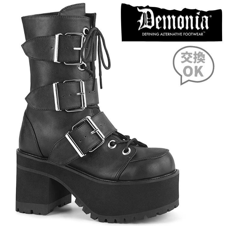 demonia デモニア ショートブーツ 厚底 9.5 cm ヒール 黒 ブラック 合皮 フェイクレザー ベルト バックル レースアップ ジッパー 小さいサイズ 大きいサイズ 厚底靴 パンク V系 ゴシック 原宿系 韓国 ファッション 靴 レディース メンズ RANGER-308 RAN308/BVL 取寄