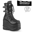 demonia デモニア 厚底 ブーツ ミドルブーツ ショートブーツ 厚底 ウェッジソール 15cm ヒール 15cmヒール 黒 ブラック 合皮 バット バックル レースアップ 小さいサイズ 大きいサイズ 厚底靴 ロック パンク ゴシック ゴスロリ レディース メンズ WAVE-150 WAVE150/BVL 取寄