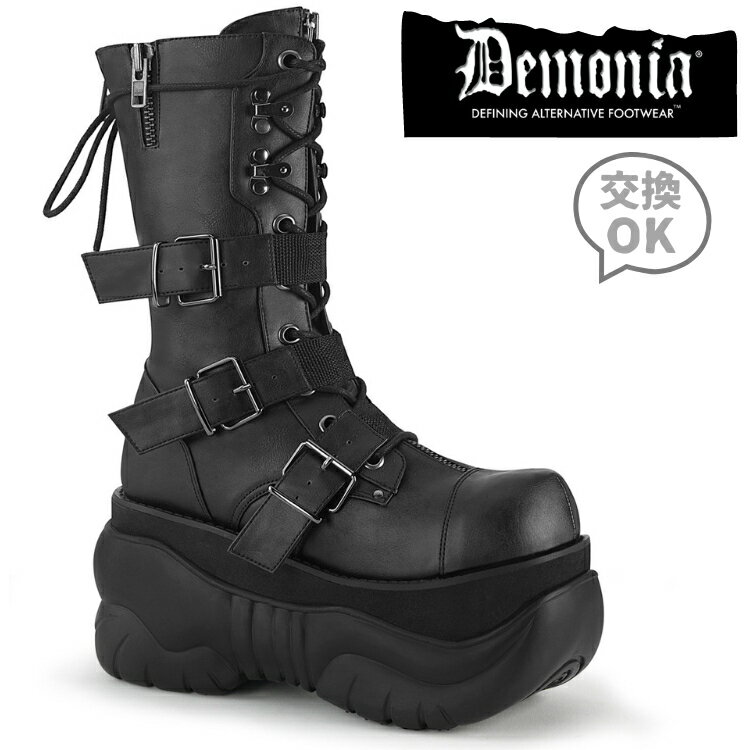 demonia デモニア 厚底 ブーツ ミドルブーツ ショートブーツ 厚底 10cm ヒール 黒 ブラック 合皮 つや消し ベルト バックル レースアップ ジッパー 小さいサイズ 大きいサイズ パンク ゴシック ライブ 用 靴 シューズ レディース メンズ BOXER-230 BOX230/BVL 取寄