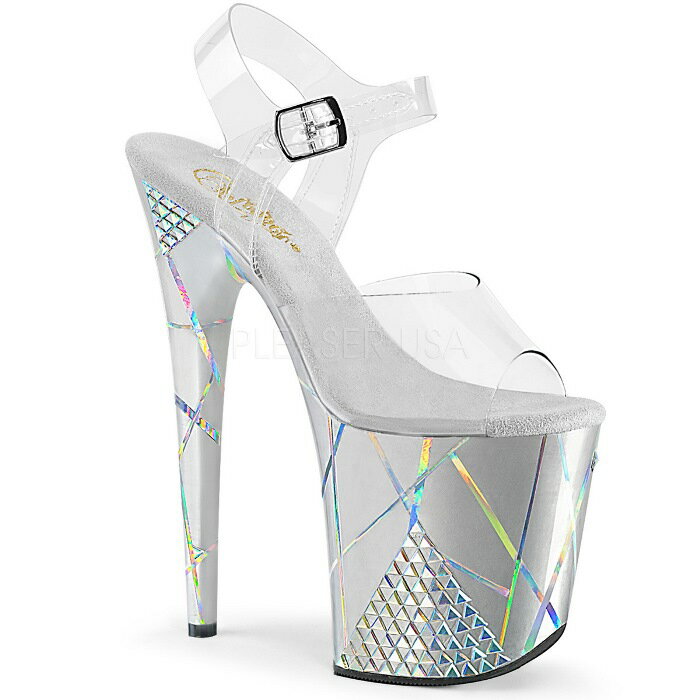 20cm ヒール 厚底 キャバ サンダル Pleaser プリーザー 大きいサイズ 小さいサイズ ハイヒール ピンヒール ポールダンス アンクル ストラップ 厚底サンダル ラインストーン ホログラム クリア 銀色 シルバー 20センチ ヒール FLAMINGO-808SHAPE-1 FLAM808SHAPE-1/C/S 取寄
