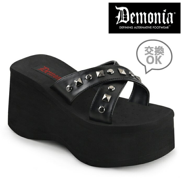 demonia デモニア サンダル 厚底 9 cm ヒール 黒 ブラック つや消し 合皮 フェイクレザー スタッズ クロスストラップ 小さいサイズ 大きいサイズ 厚底靴 パンク V系 ゴシック 原宿系 韓国 ファッション コーデ コスプレ 靴 レディース メンズ FUNN-29 FUNN29/BPU 取寄