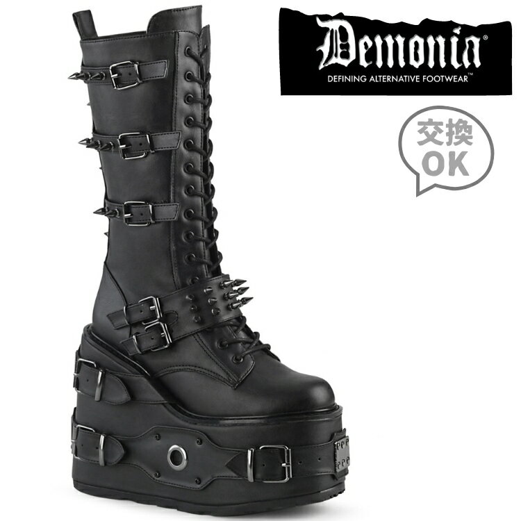 demonia デモニア 厚底 ブーツ ロング ロングブーツ 厚底ブーツ ウェッジソール 14cm ヒール 黒 ブラック 合皮 ベルト バックル スタッズ 編み上げ ジッパー 小さいサイズ 大きいサイズ 厚底靴…