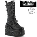 demonia デモニア 厚底 ブーツ ロング ロングブーツ 厚底ブーツ ウェッジソール 14cm ヒール 黒 ブラック 合皮 ベルト バックル スタッズ 編み...
