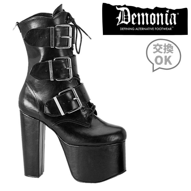 demonia デモニア 厚底 ブーツ ショートブーツ 厚底 14cm ヒール 黒 ブラック 合皮 ベルト バックル 編み上げ ジッパー 小さいサイズ 大きいサイズ 厚底靴 チャンキーヒール ロック パンク ゴ…