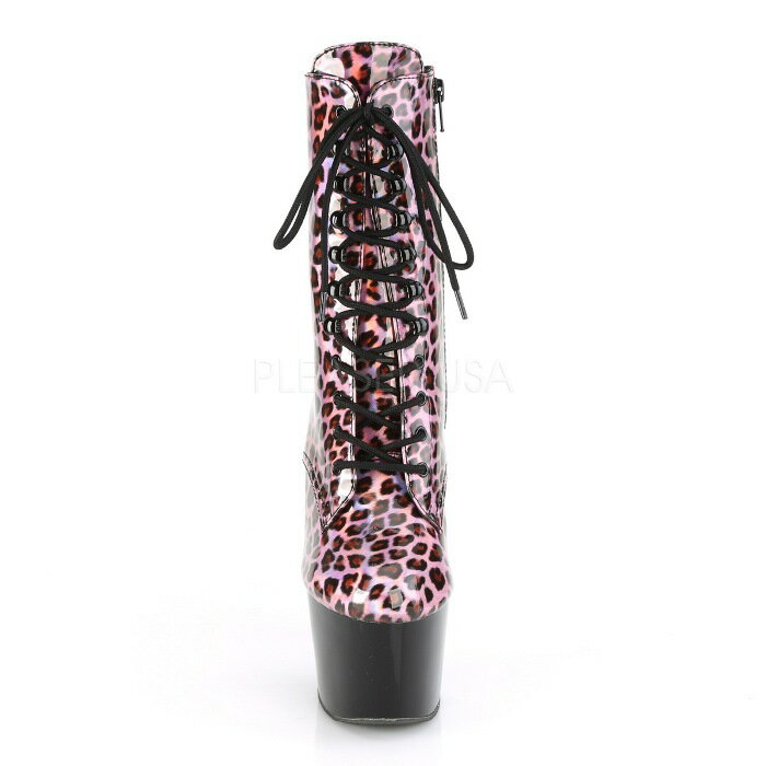 Pleaser プリーザー ショートブーツ 厚底 18 cm センチ ヒール ピンク ホログラム ヒョウ柄 レオパード ブラックライト 編み上げ レースアップ ジッパー 大きいサイズ 小さいサイズ ハイヒール ピンヒール 靴 シューズ レディース メンズ ADORE-1020LP ADO1020LP/PNHG/B 取寄