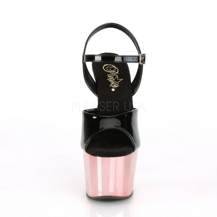 Pleaser プリーザー キャバ ヒール サンダル 厚底 18 cm ヒール 黒 ブラック ローズゴールド メタリック 2トーン アンクルストラップ オープントゥ 大きいサイズ 小さいサイズ セクシー ハイヒール ピンヒール 靴 レディース メンズ ADORE-709 ADO709/B/ROGLDCH 取寄