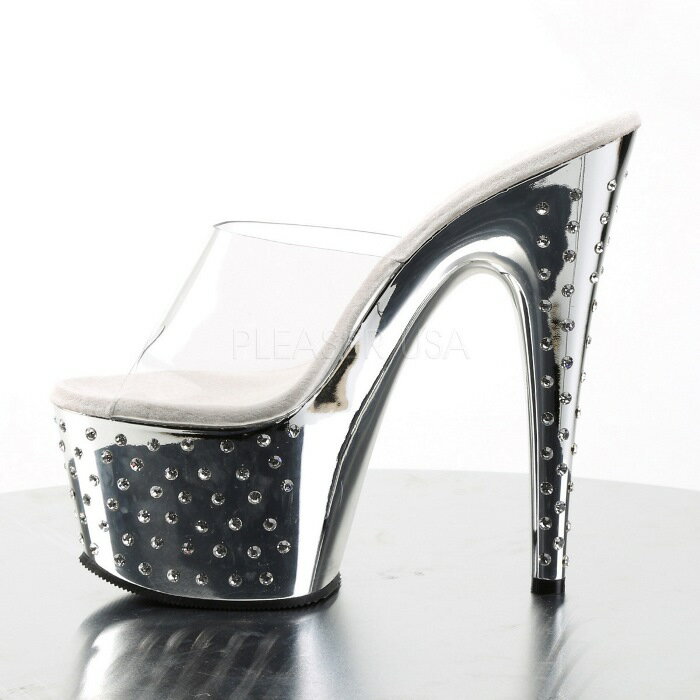 Pleaser プリーザー ヒール キャバ ミュール サンダル 厚底 18 cm ヒール 透明 クリア 銀 シルバー メタリック クロム 女性 男性 用 ハイヒール 大きいサイズ 小さいサイズ ピンヒール オープントゥ レディース メンズ 18センチ ヒール STARDUST-701 STDUS701/C/SCH 取寄