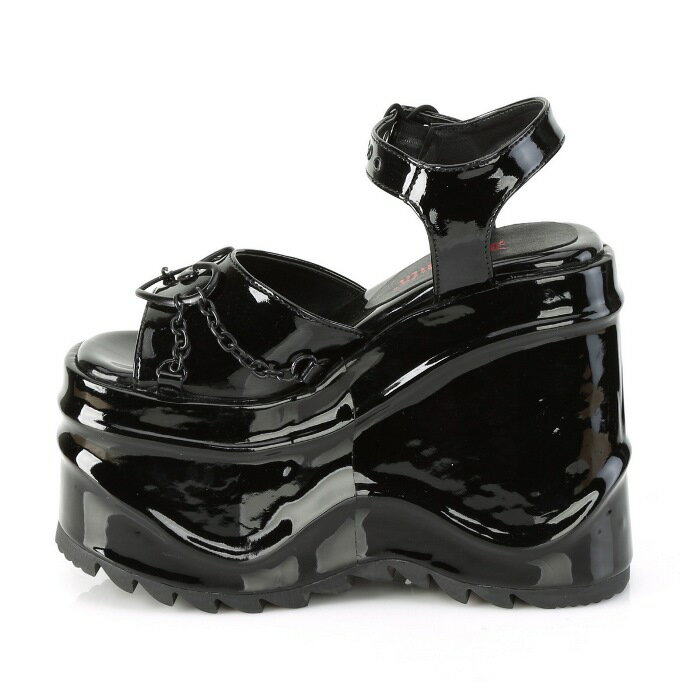 demonia デモニア サンダル 厚底 15 cm ヒール 黒 ブラック エナメル チェーン アンクルストラップ 小さいサイズ 大きいサイズ 厚底靴 ロック パンク ビジュアル系 ゴシック ゴスロリ 原宿系 ファッション コーデ 衣装 靴 レディース メンズ WAVE-09 WAVE09/B 取寄