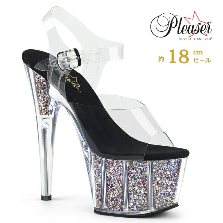 サンダル 厚底 Pleaser プリーザー 18cm ヒール 透明 クリア 銀 シルバー グリッター ラメ アンクルス..