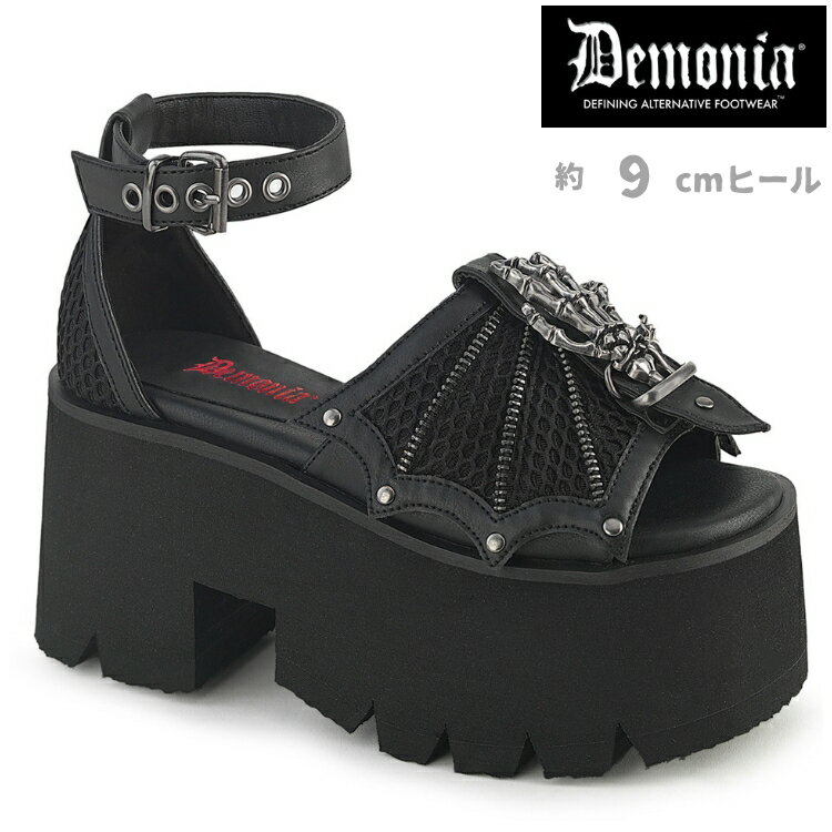 Rakuten - demonia デモニア サンダル 厚底 9cm ヒール チャンキーヒール 黒 ブラック つや消し 合皮 大きいサイズ アンクルストラップ ベルト スタッズ 厚底サンダル パンク ロック ライブ 用 ゴスロリ 衣装 シューズ 靴 レディース メンズ 兼用 ASHES-11 ASH11/BVL 取寄 公式
