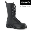 demonia デモニア ロングブーツ フラットヒール 3cm ヒール 黒 ブラック つや消し 編み上げ レースアップ ジッパー 小さいサイズ 大きいサイズ コ...