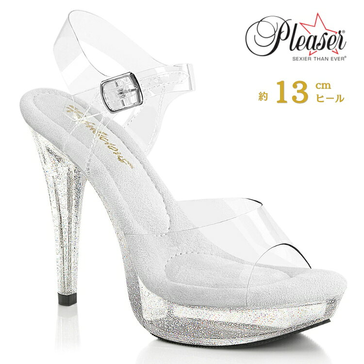 Rakuten - サンダル 厚底 Pleaser プリーザー 13cm ヒール ハイヒール ピンヒール クリアヒール 透明 クリア キラキラ きらきら ラメ グリッター アンクルストラップ ベルト レディース メンズ 大きいサイズ シューズ COCKTAIL-508MG CTAIL508MG/C/M 取寄