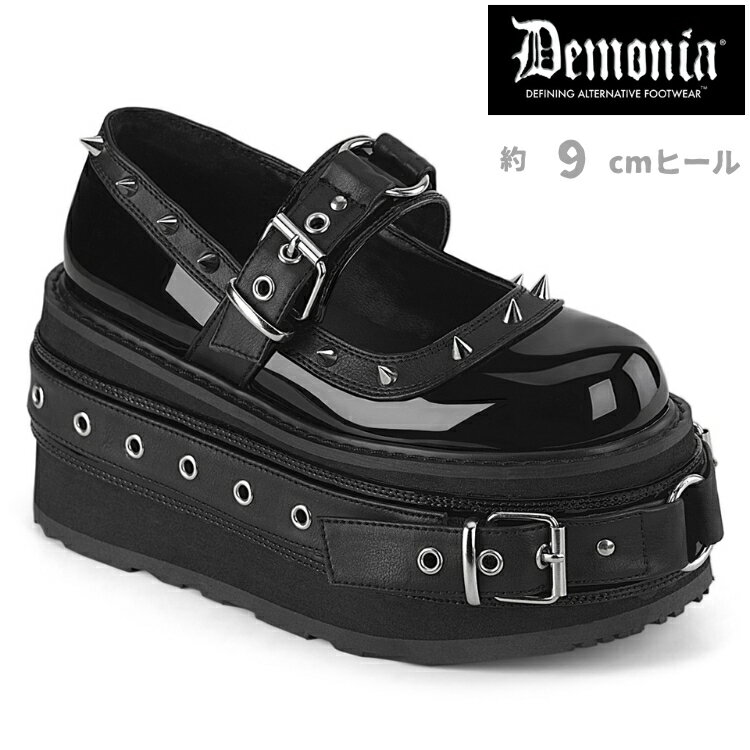 demonia デモニア パンプス 厚底 ウェッジソール 9cm ヒール 黒 ブラック エナメル 合皮 甲ベルト ストラップ スタッズ 厚底 シューズ 大きいサイズ ロック パンク 韓国 原宿系 ファッション フェス ライブ 用 靴 レディース メンズ 兼用 DAMNED-20 DAM20/BPT-VL 取寄 公式
